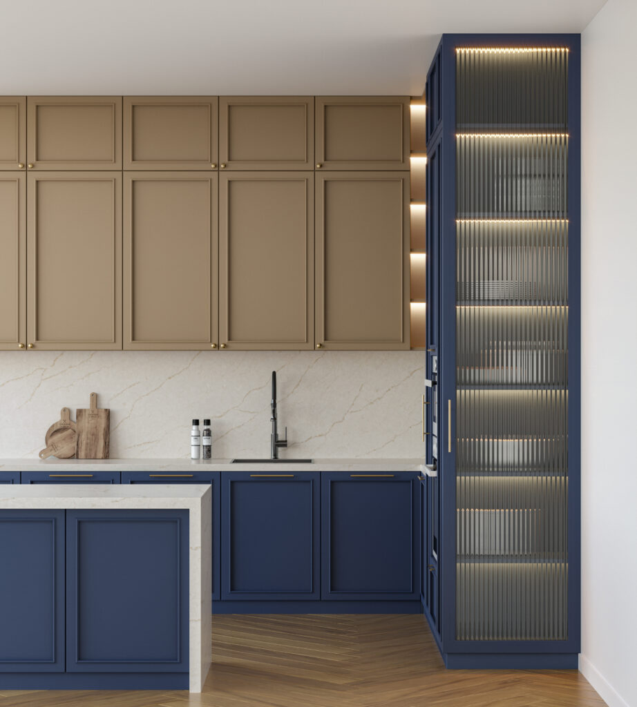 custom kitchen with blue cabinets