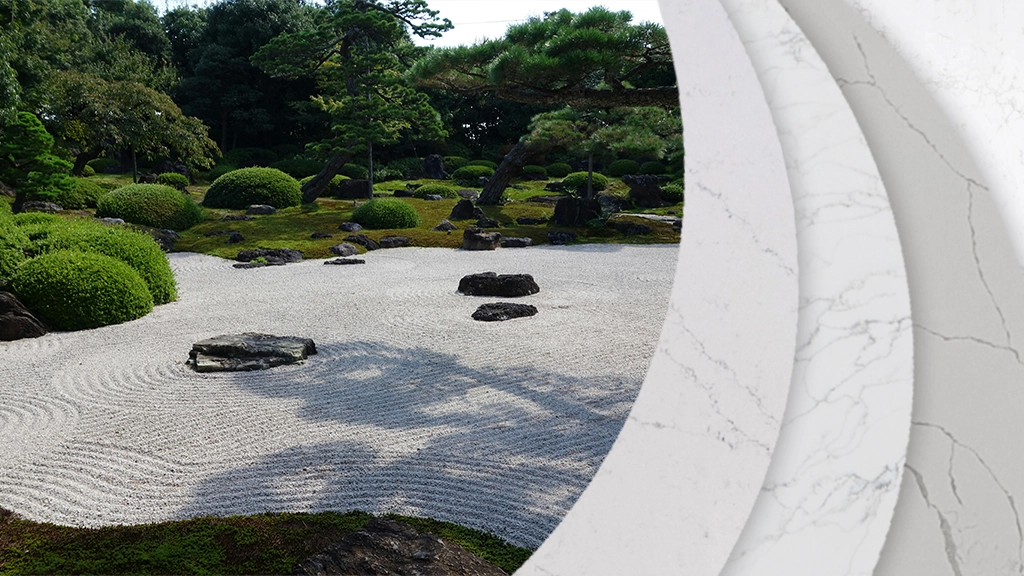 thumbnail for Serentity Crescent Quartz Collection featuring an image of a Japanese Zen garden